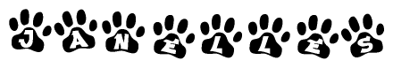 The image shows a series of animal paw prints arranged in a horizontal line. Each paw print contains a letter, and together they spell out the word Janelles.