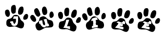 The image shows a series of animal paw prints arranged horizontally. Within each paw print, there's a letter; together they spell Juliee