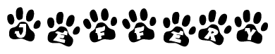 The image shows a row of animal paw prints, each containing a letter. The letters spell out the word Jeffery within the paw prints.