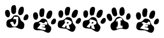 The image shows a series of animal paw prints arranged horizontally. Within each paw print, there's a letter; together they spell Jerrie
