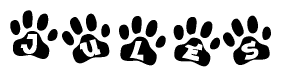 The image shows a series of animal paw prints arranged in a horizontal line. Each paw print contains a letter, and together they spell out the word Jules.