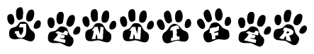 The image shows a row of animal paw prints, each containing a letter. The letters spell out the word Jennifer within the paw prints.