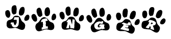 The image shows a series of animal paw prints arranged horizontally. Within each paw print, there's a letter; together they spell Jinger