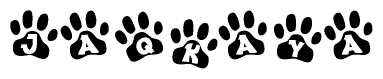 The image shows a series of animal paw prints arranged in a horizontal line. Each paw print contains a letter, and together they spell out the word Jaqkaya.