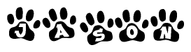 The image shows a series of animal paw prints arranged horizontally. Within each paw print, there's a letter; together they spell Jason