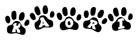 The image shows a series of animal paw prints arranged horizontally. Within each paw print, there's a letter; together they spell Kaori