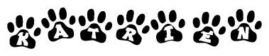The image shows a series of animal paw prints arranged in a horizontal line. Each paw print contains a letter, and together they spell out the word Katrien.