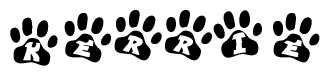 The image shows a row of animal paw prints, each containing a letter. The letters spell out the word Kerrie within the paw prints.