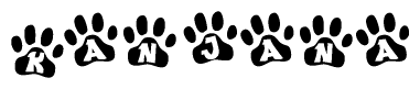 The image shows a series of animal paw prints arranged in a horizontal line. Each paw print contains a letter, and together they spell out the word Kanjana.