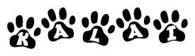 The image shows a row of animal paw prints, each containing a letter. The letters spell out the word Kalai within the paw prints.