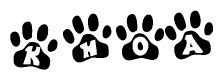 The image shows a series of animal paw prints arranged in a horizontal line. Each paw print contains a letter, and together they spell out the word Khoa.