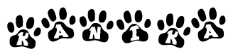 The image shows a series of animal paw prints arranged in a horizontal line. Each paw print contains a letter, and together they spell out the word Kanika.