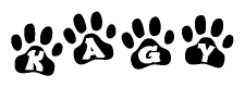 The image shows a series of animal paw prints arranged horizontally. Within each paw print, there's a letter; together they spell Kagy