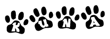 The image shows a row of animal paw prints, each containing a letter. The letters spell out the word Kuna within the paw prints.