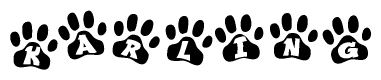 The image shows a series of animal paw prints arranged horizontally. Within each paw print, there's a letter; together they spell Karling