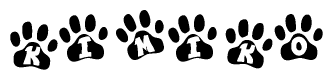 The image shows a series of animal paw prints arranged in a horizontal line. Each paw print contains a letter, and together they spell out the word Kimiko.