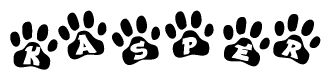 The image shows a series of animal paw prints arranged in a horizontal line. Each paw print contains a letter, and together they spell out the word Kasper.