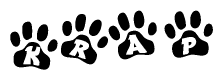 The image shows a row of animal paw prints, each containing a letter. The letters spell out the word Krap within the paw prints.