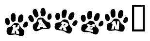 The image shows a series of animal paw prints arranged horizontally. Within each paw print, there's a letter; together they spell Karen