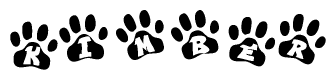 The image shows a series of animal paw prints arranged in a horizontal line. Each paw print contains a letter, and together they spell out the word Kimber.