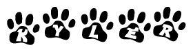 The image shows a row of animal paw prints, each containing a letter. The letters spell out the word Kyler within the paw prints.