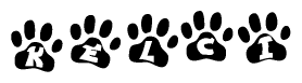 The image shows a series of animal paw prints arranged in a horizontal line. Each paw print contains a letter, and together they spell out the word Kelci.
