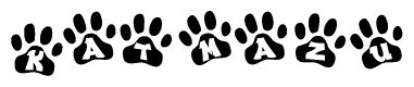 The image shows a series of animal paw prints arranged in a horizontal line. Each paw print contains a letter, and together they spell out the word Katmazu.