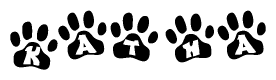 The image shows a series of animal paw prints arranged in a horizontal line. Each paw print contains a letter, and together they spell out the word Katha.