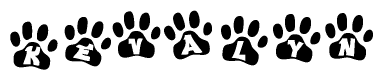 The image shows a row of animal paw prints, each containing a letter. The letters spell out the word Kevalyn within the paw prints.