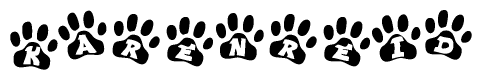 The image shows a series of animal paw prints arranged horizontally. Within each paw print, there's a letter; together they spell Karenreid
