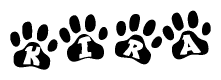 The image shows a series of animal paw prints arranged in a horizontal line. Each paw print contains a letter, and together they spell out the word Kira.