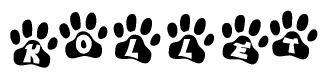 The image shows a series of animal paw prints arranged in a horizontal line. Each paw print contains a letter, and together they spell out the word Kollet.