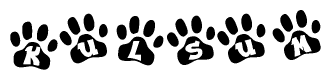 The image shows a series of animal paw prints arranged horizontally. Within each paw print, there's a letter; together they spell Kulsum