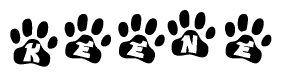 The image shows a series of animal paw prints arranged in a horizontal line. Each paw print contains a letter, and together they spell out the word Keene.