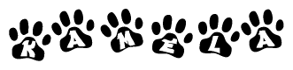 The image shows a series of animal paw prints arranged horizontally. Within each paw print, there's a letter; together they spell Kamela