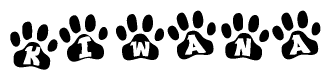 The image shows a series of animal paw prints arranged in a horizontal line. Each paw print contains a letter, and together they spell out the word Kiwana.
