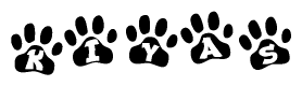 The image shows a row of animal paw prints, each containing a letter. The letters spell out the word Kiyas within the paw prints.