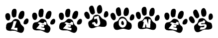 The image shows a series of animal paw prints arranged horizontally. Within each paw print, there's a letter; together they spell Leejones