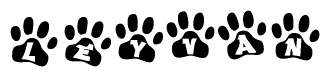 The image shows a row of animal paw prints, each containing a letter. The letters spell out the word Leyvan within the paw prints.