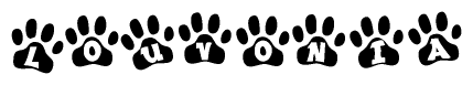 The image shows a series of animal paw prints arranged horizontally. Within each paw print, there's a letter; together they spell Louvonia
