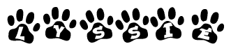 The image shows a series of animal paw prints arranged in a horizontal line. Each paw print contains a letter, and together they spell out the word Lyssie.
