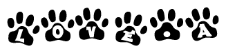 The image shows a row of animal paw prints, each containing a letter. The letters spell out the word Lovea within the paw prints.