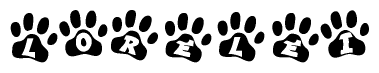 The image shows a series of animal paw prints arranged in a horizontal line. Each paw print contains a letter, and together they spell out the word Lorelei.