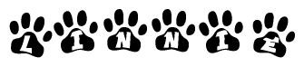The image shows a series of animal paw prints arranged horizontally. Within each paw print, there's a letter; together they spell Linnie