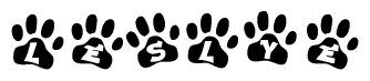 The image shows a series of animal paw prints arranged horizontally. Within each paw print, there's a letter; together they spell Leslye