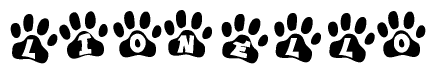 The image shows a series of animal paw prints arranged in a horizontal line. Each paw print contains a letter, and together they spell out the word Lionello.
