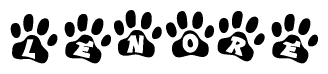 The image shows a series of animal paw prints arranged in a horizontal line. Each paw print contains a letter, and together they spell out the word Lenore.