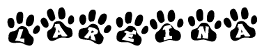 The image shows a series of animal paw prints arranged in a horizontal line. Each paw print contains a letter, and together they spell out the word Lareina.