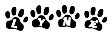The image shows a series of animal paw prints arranged horizontally. Within each paw print, there's a letter; together they spell Lyne