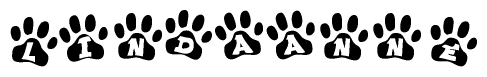 The image shows a series of animal paw prints arranged horizontally. Within each paw print, there's a letter; together they spell Lindaanne